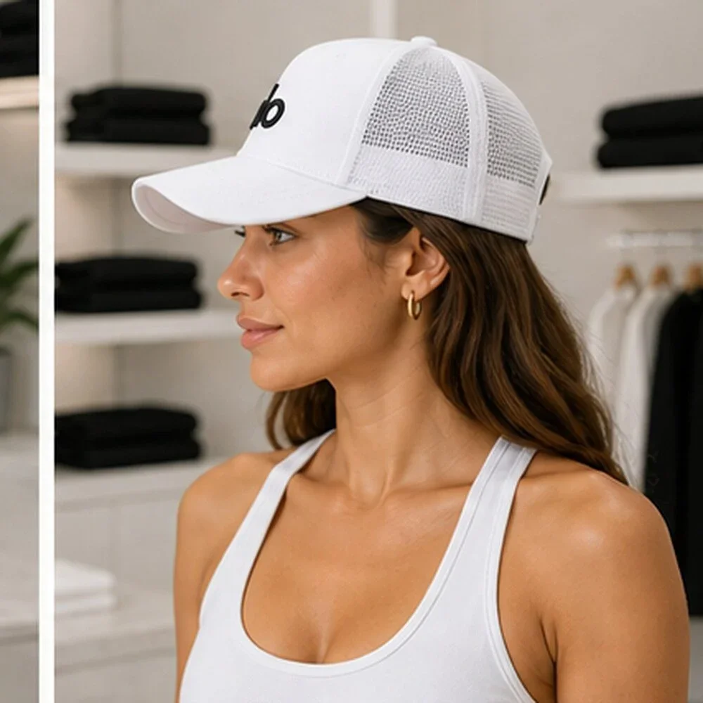 ALO Yoga White Black Boutique Mesh Trucker Cap Hat NWT